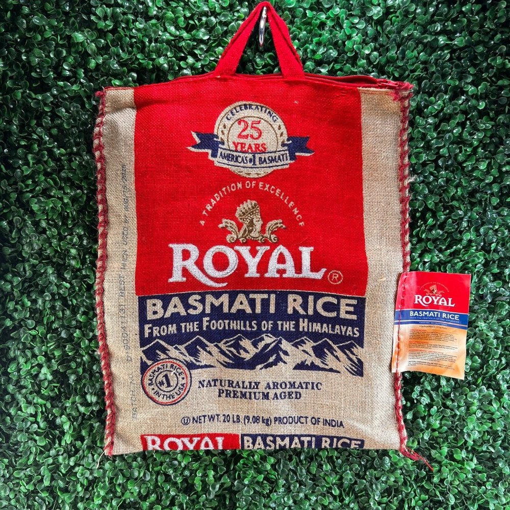 RUSTIC BURLAP ROYAL BASMATI RICE SAC TOTE BAG ZIP CLOSER WITH HANDLE CRAFT